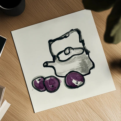 Tea and Plums by Chris Paschke. Shown as a detailed flat fine art print, highlighting archival giclee quality. Available as an archival giclee rolled canvas, fine art paper, or poster print. SKU 26921a.