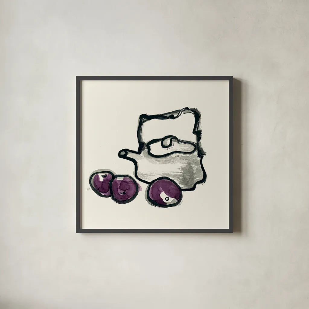 Tea and Plums by Chris Paschke. Shown in a sleek black glass frame for a contemporary gallery look. Available as an archival giclee rolled canvas, fine art paper, or poster print. SKU 26921a.