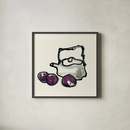 Tea and Plums by Chris Paschke. Shown in a sleek black glass frame for a contemporary gallery look. Available as an archival giclee rolled canvas, fine art paper, or poster print. SKU 26921a.