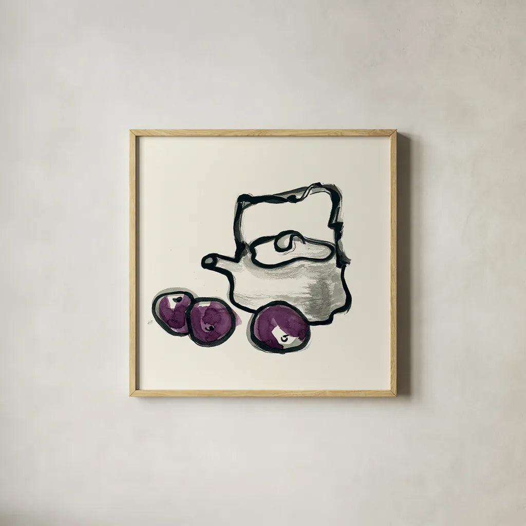 Tea and Plums by Chris Paschke. Shown in a natural wood glass frame for a timeless modern aesthetic. Available as an archival giclee rolled canvas, fine art paper, or poster print. SKU 26921a.