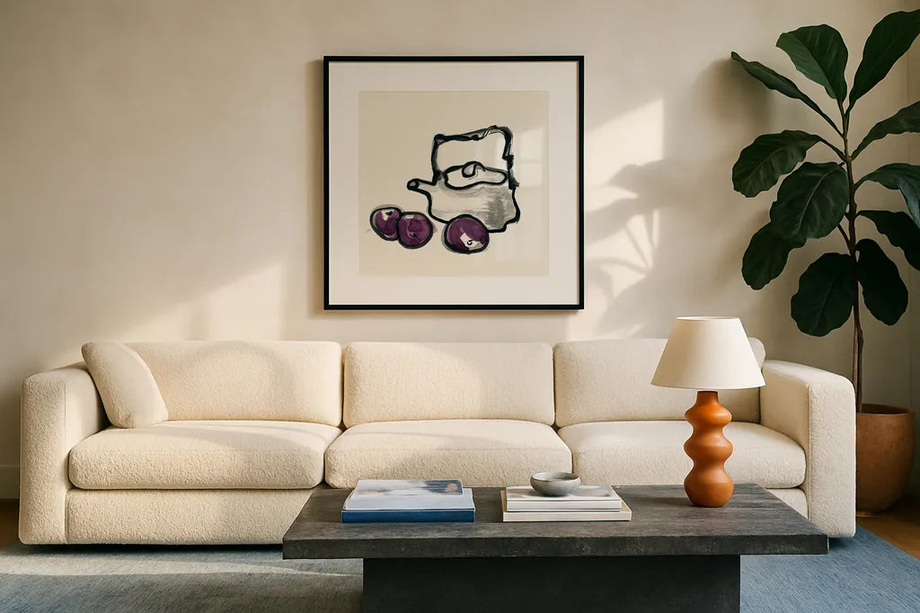 Tea and Plums by Chris Paschke. Displayed in a glass frame with matte in a clean modern living room. Available as an archival giclee rolled canvas, fine art paper, or poster print. SKU 26921a.