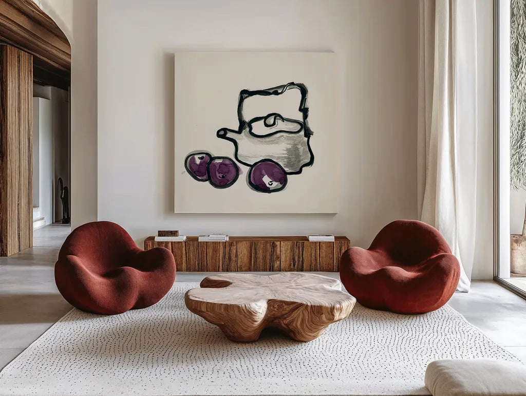 Tea and Plums by Chris Paschke. Shown as extra-large giant wall art in a modern living room. Available as an archival giclee rolled canvas, fine art paper, or poster print. SKU 26921a.