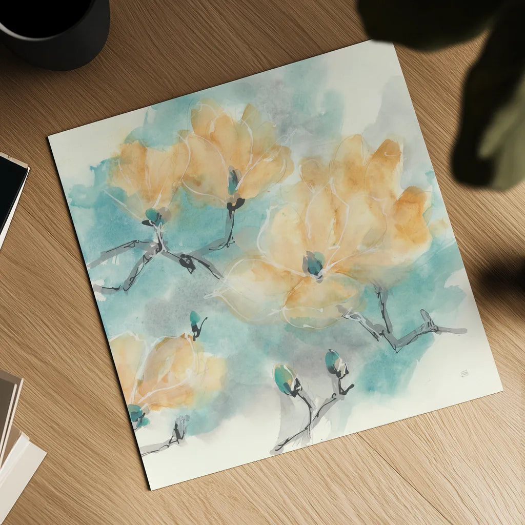 Teal Buds I by Chris Paschke. Shown as a detailed flat fine art print, highlighting archival giclee quality. Available as an archival giclee rolled canvas, fine art paper, or poster print. SKU 45472a.