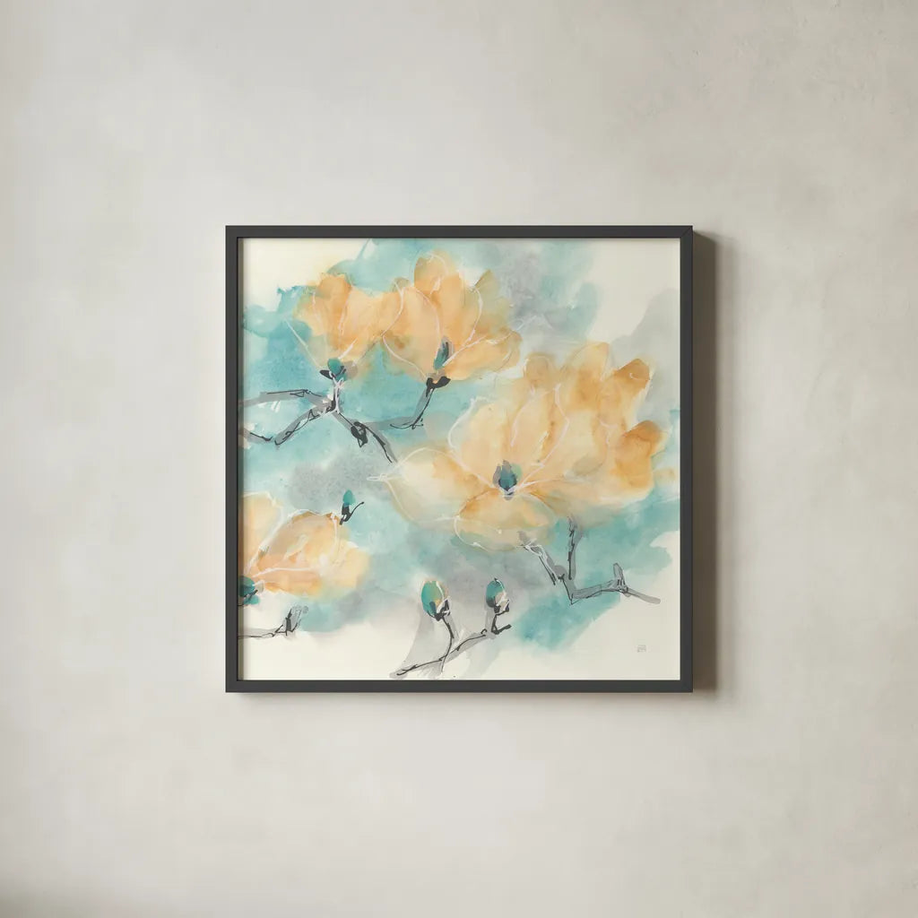 Teal Buds I by Chris Paschke. Shown in a sleek black glass frame for a contemporary gallery look. Available as an archival giclee rolled canvas, fine art paper, or poster print. SKU 45472a.