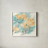Teal Buds I by Chris Paschke. Shown in a crisp white glass frame for a clean and minimalist style. Available as an archival giclee rolled canvas, fine art paper, or poster print. SKU 45472a.