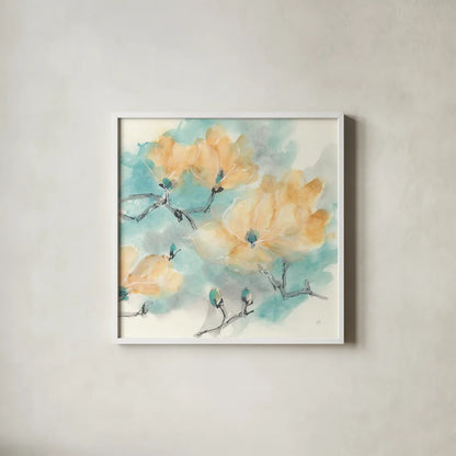 Teal Buds I by Chris Paschke. Shown in a crisp white glass frame for a clean and minimalist style. Available as an archival giclee rolled canvas, fine art paper, or poster print. SKU 45472a.