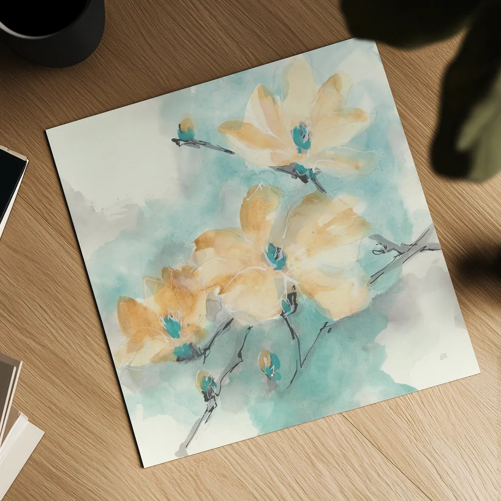 Teal Buds II by Chris Paschke. Shown as a detailed flat fine art print, highlighting archival giclee quality. Available as an archival giclee rolled canvas, fine art paper, or poster print. SKU 45473a.