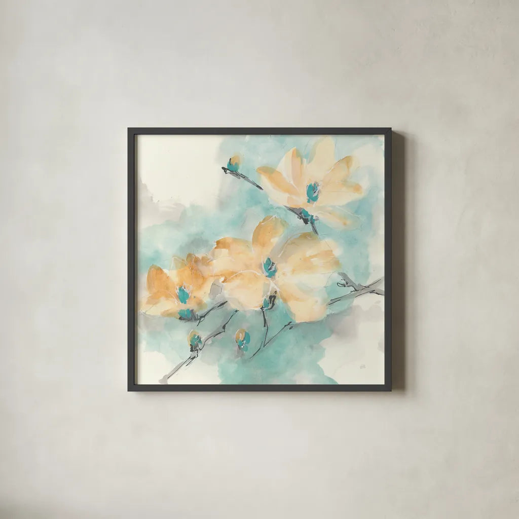 Teal Buds II by Chris Paschke. Shown in a sleek black glass frame for a contemporary gallery look. Available as an archival giclee rolled canvas, fine art paper, or poster print. SKU 45473a.