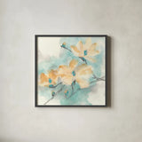 Teal Buds II by Chris Paschke. Shown in a sleek black glass frame for a contemporary gallery look. Available as an archival giclee rolled canvas, fine art paper, or poster print. SKU 45473a.