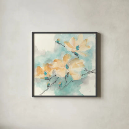 Teal Buds II by Chris Paschke. Shown in a sleek black glass frame for a contemporary gallery look. Available as an archival giclee rolled canvas, fine art paper, or poster print. SKU 45473a.