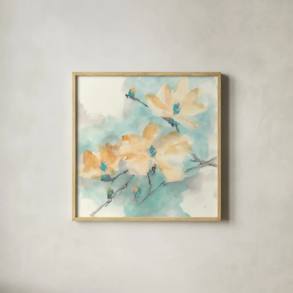 Teal Buds II by Chris Paschke. Shown in a natural wood glass frame for a timeless modern aesthetic. Available as an archival giclee rolled canvas, fine art paper, or poster print. SKU 45473a.