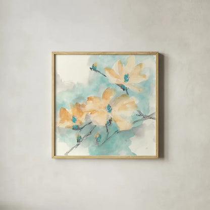 Teal Buds II by Chris Paschke. Shown in a natural wood glass frame for a timeless modern aesthetic. Available as an archival giclee rolled canvas, fine art paper, or poster print. SKU 45473a.