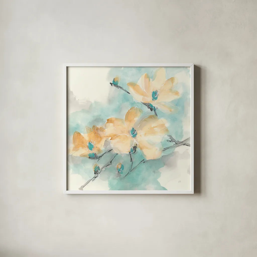 Teal Buds II by Chris Paschke. Shown in a crisp white glass frame for a clean and minimalist style. Available as an archival giclee rolled canvas, fine art paper, or poster print. SKU 45473a.
