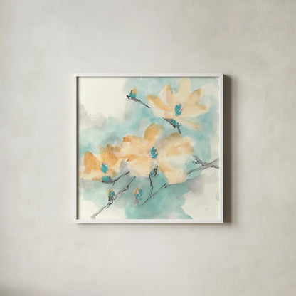 Teal Buds II by Chris Paschke. Shown in a crisp white glass frame for a clean and minimalist style. Available as an archival giclee rolled canvas, fine art paper, or poster print. SKU 45473a.