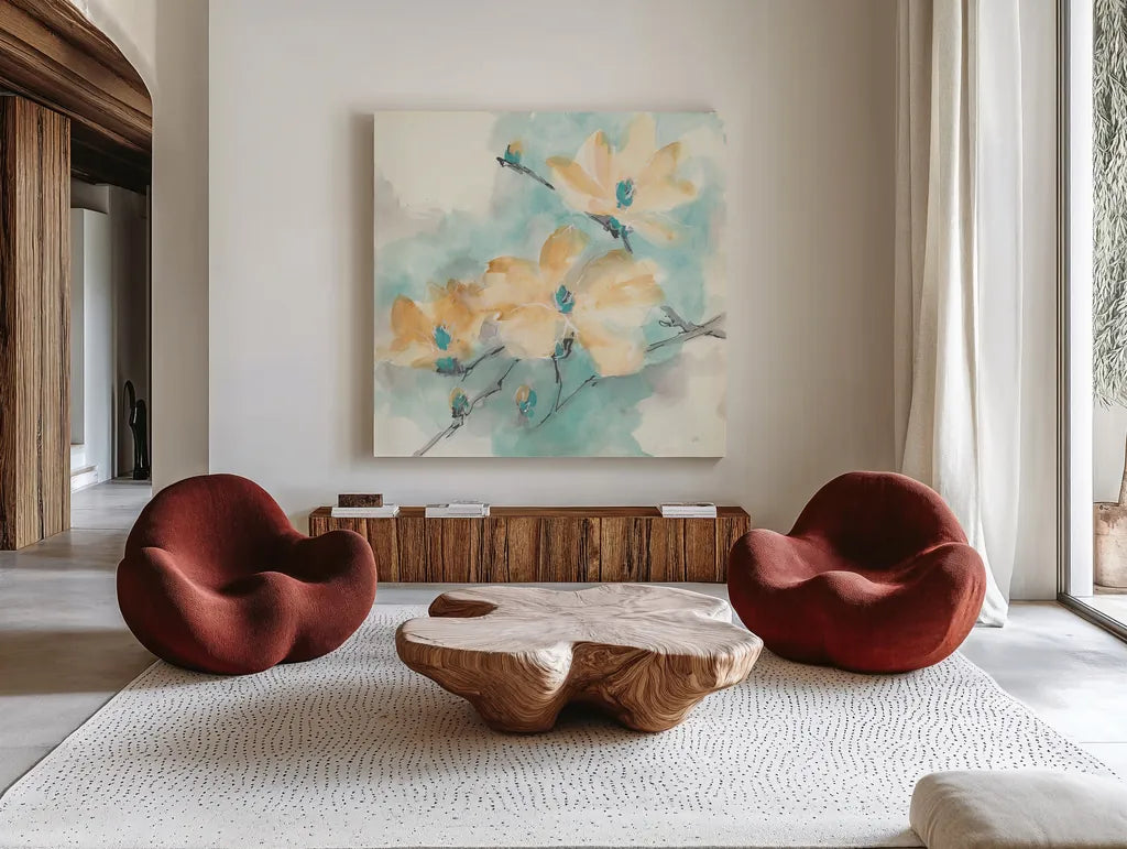 Teal Buds II by Chris Paschke. Shown as extra-large giant wall art in a modern living room. Available as an archival giclee rolled canvas, fine art paper, or poster print. SKU 45473a.
