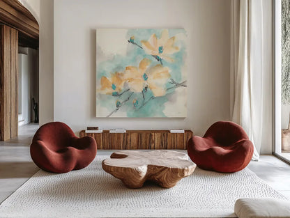 Teal Buds II by Chris Paschke. Shown as extra-large giant wall art in a modern living room. Available as an archival giclee rolled canvas, fine art paper, or poster print. SKU 45473a.