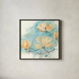 Teal Buds III by Chris Paschke. Shown in a sleek black glass frame for a contemporary gallery look. Available as an archival giclee rolled canvas, fine art paper, or poster print. SKU 45474a.