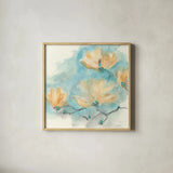 Teal Buds III by Chris Paschke. Shown in a natural wood glass frame for a timeless modern aesthetic. Available as an archival giclee rolled canvas, fine art paper, or poster print. SKU 45474a.