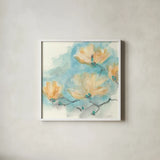 Teal Buds III by Chris Paschke. Shown in a crisp white glass frame for a clean and minimalist style. Available as an archival giclee rolled canvas, fine art paper, or poster print. SKU 45474a.