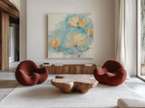 Teal Buds III by Chris Paschke. Shown as extra-large giant wall art in a modern living room. Available as an archival giclee rolled canvas, fine art paper, or poster print. SKU 45474a.