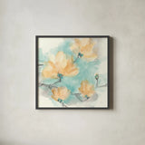 Teal Buds IV by Chris Paschke. Shown in a sleek black glass frame for a contemporary gallery look. Available as an archival giclee rolled canvas, fine art paper, or poster print. SKU 45475a.