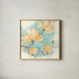 Teal Buds IV by Chris Paschke. Shown in a natural wood glass frame for a timeless modern aesthetic. Available as an archival giclee rolled canvas, fine art paper, or poster print. SKU 45475a.