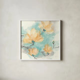 Teal Buds IV by Chris Paschke. Shown in a crisp white glass frame for a clean and minimalist style. Available as an archival giclee rolled canvas, fine art paper, or poster print. SKU 45475a.