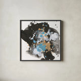 Teal Chaos I by Chris Paschke. Shown in a sleek black glass frame for a contemporary gallery look. Available as an archival giclee rolled canvas, fine art paper, or poster print. SKU 99936a.