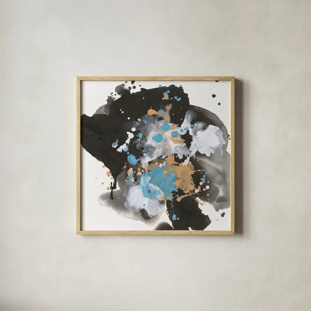 Teal Chaos I by Chris Paschke. Shown in a natural wood glass frame for a timeless modern aesthetic. Available as an archival giclee rolled canvas, fine art paper, or poster print. SKU 99936a.