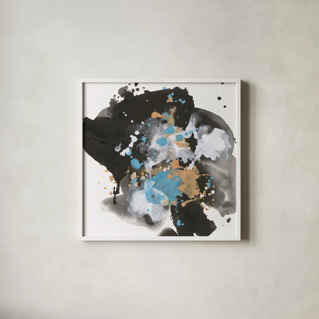 Teal Chaos I by Chris Paschke. Shown in a crisp white glass frame for a clean and minimalist style. Available as an archival giclee rolled canvas, fine art paper, or poster print. SKU 99936a.