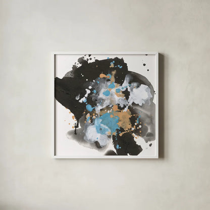 Teal Chaos I by Chris Paschke. Shown in a crisp white glass frame for a clean and minimalist style. Available as an archival giclee rolled canvas, fine art paper, or poster print. SKU 99936a.