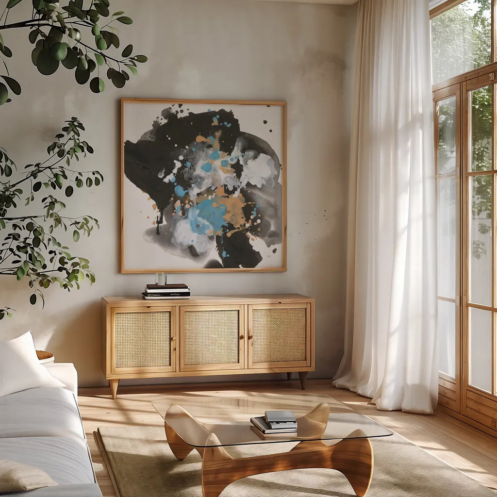 Teal Chaos I by Chris Paschke. Shown in a natural wood frame in a cozy modern living room. Available as an archival giclee rolled canvas, fine art paper, or poster print. SKU 99936a.