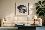 Teal Chaos I by Chris Paschke. Displayed in a glass frame with matte in a clean modern living room. Available as an archival giclee rolled canvas, fine art paper, or poster print. SKU 99936a.