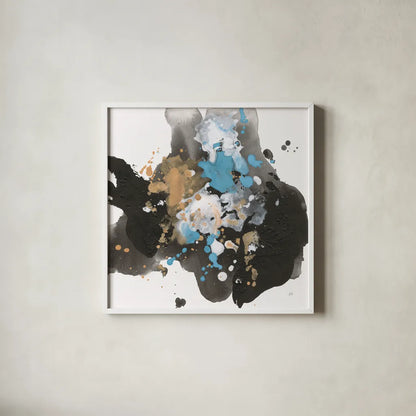 Teal Chaos II by Chris Paschke. Shown in a crisp white glass frame for a clean and minimalist style. Available as an archival giclee rolled canvas, fine art paper, or poster print. SKU 99937a.