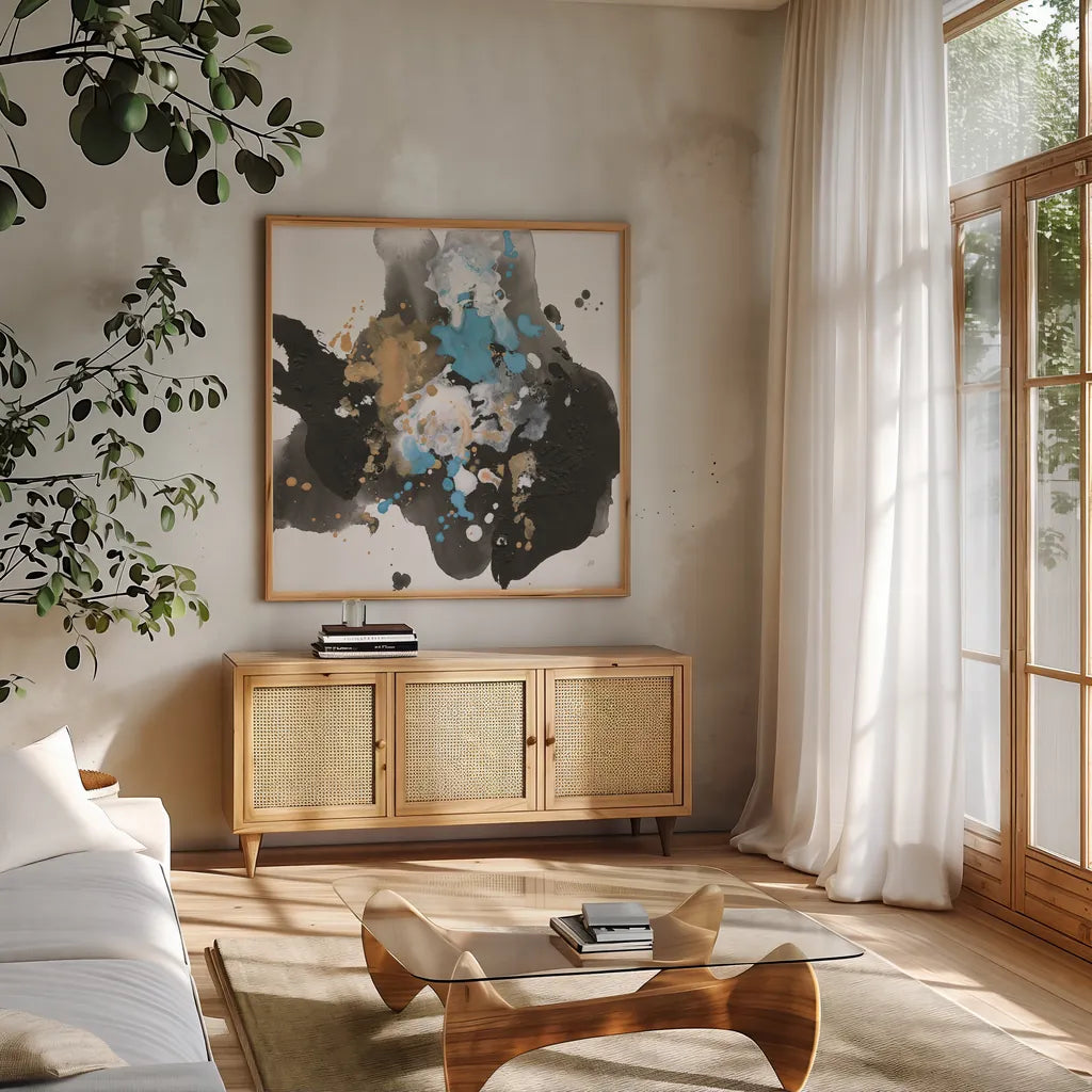 Teal Chaos II by Chris Paschke. Shown in a natural wood frame in a cozy modern living room. Available as an archival giclee rolled canvas, fine art paper, or poster print. SKU 99937a.