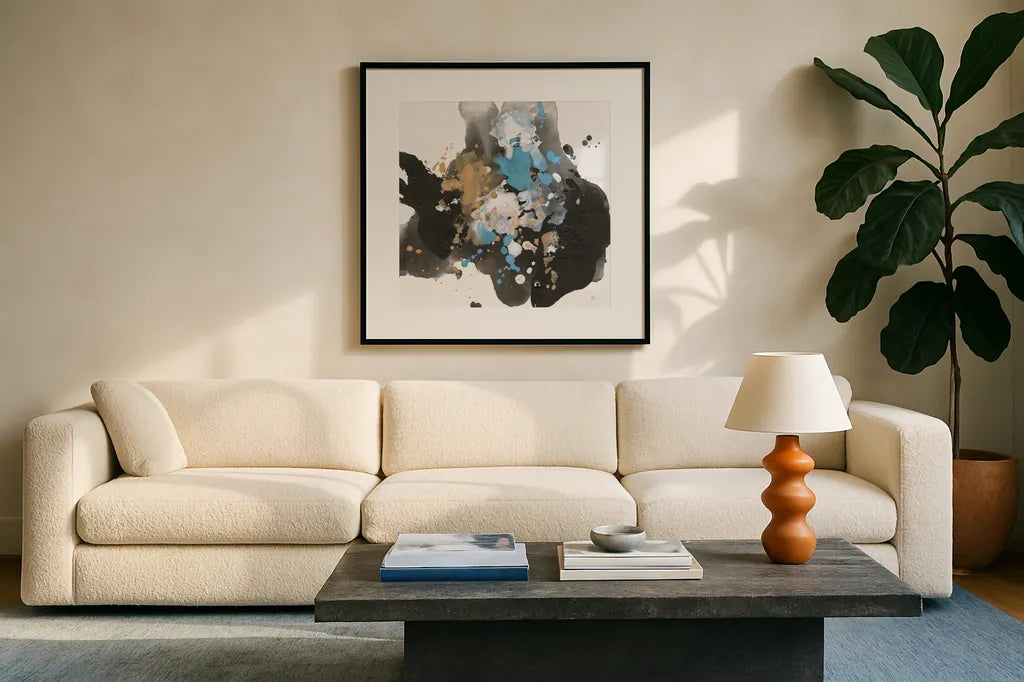 Teal Chaos II by Chris Paschke. Displayed in a glass frame with matte in a clean modern living room. Available as an archival giclee rolled canvas, fine art paper, or poster print. SKU 99937a.