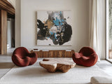 Teal Chaos II by Chris Paschke. Shown as extra-large giant wall art in a modern living room. Available as an archival giclee rolled canvas, fine art paper, or poster print. SKU 99937a.