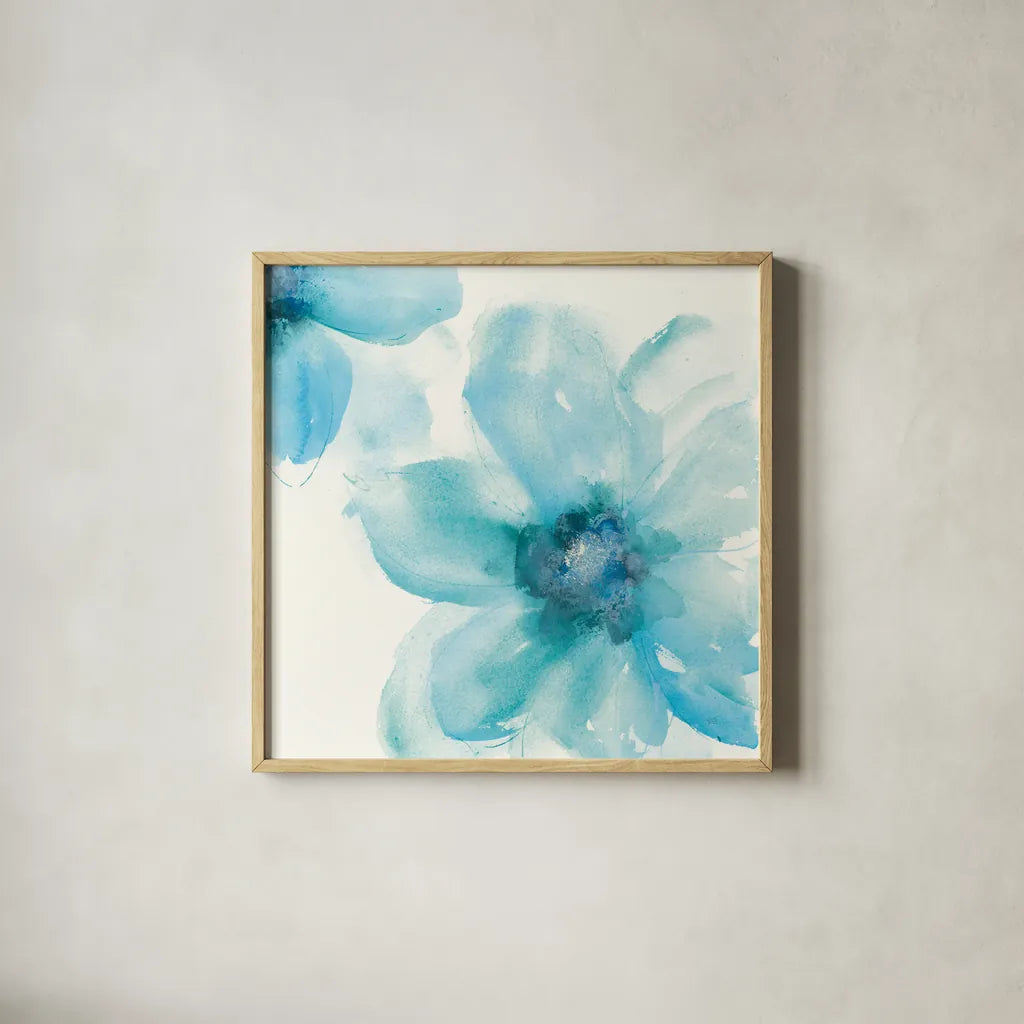 Teal Cosmos I by Chris Paschke. Shown in a natural wood glass frame for a timeless modern aesthetic. Available as an archival giclee rolled canvas, fine art paper, or poster print. SKU 34004a.