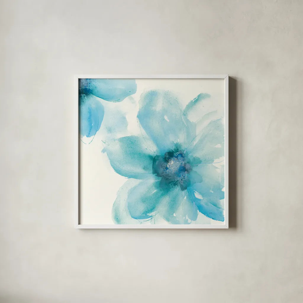 Teal Cosmos I by Chris Paschke. Shown in a crisp white glass frame for a clean and minimalist style. Available as an archival giclee rolled canvas, fine art paper, or poster print. SKU 34004a.