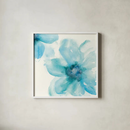 Teal Cosmos I by Chris Paschke. Shown in a crisp white glass frame for a clean and minimalist style. Available as an archival giclee rolled canvas, fine art paper, or poster print. SKU 34004a.