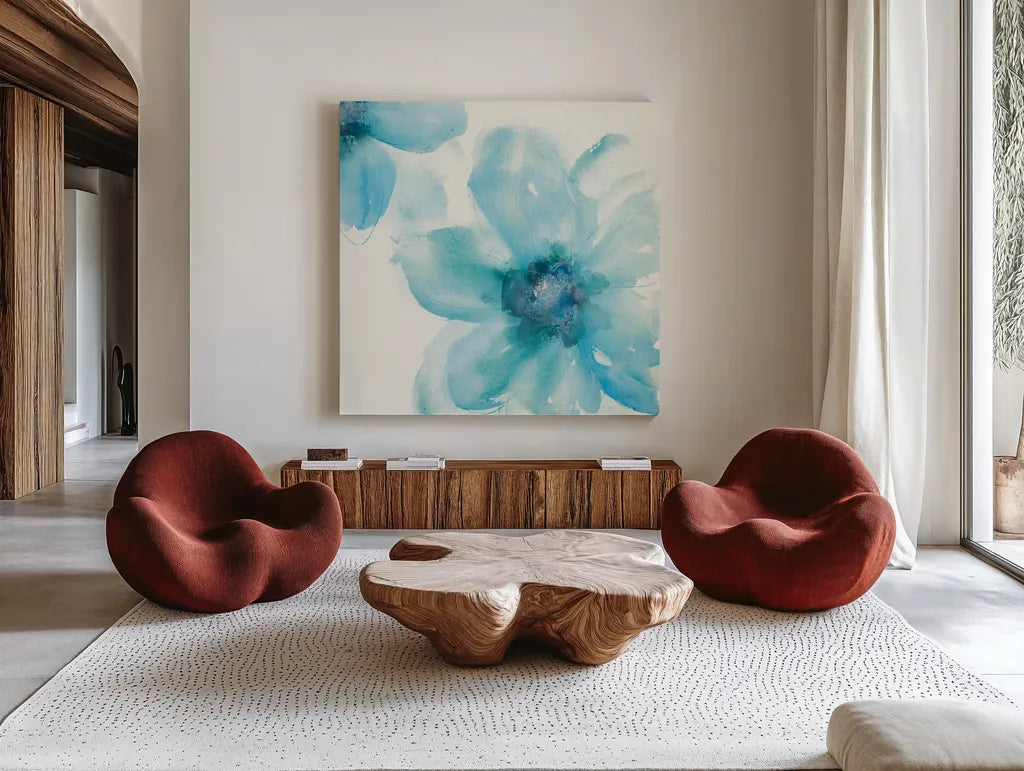 Teal Cosmos I by Chris Paschke. Shown as extra-large giant wall art in a modern living room. Available as an archival giclee rolled canvas, fine art paper, or poster print. SKU 34004a.