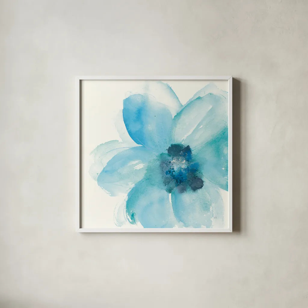 Teal Cosmos II by Chris Paschke. Shown in a crisp white glass frame for a clean and minimalist style. Available as an archival giclee rolled canvas, fine art paper, or poster print. SKU 34005a.