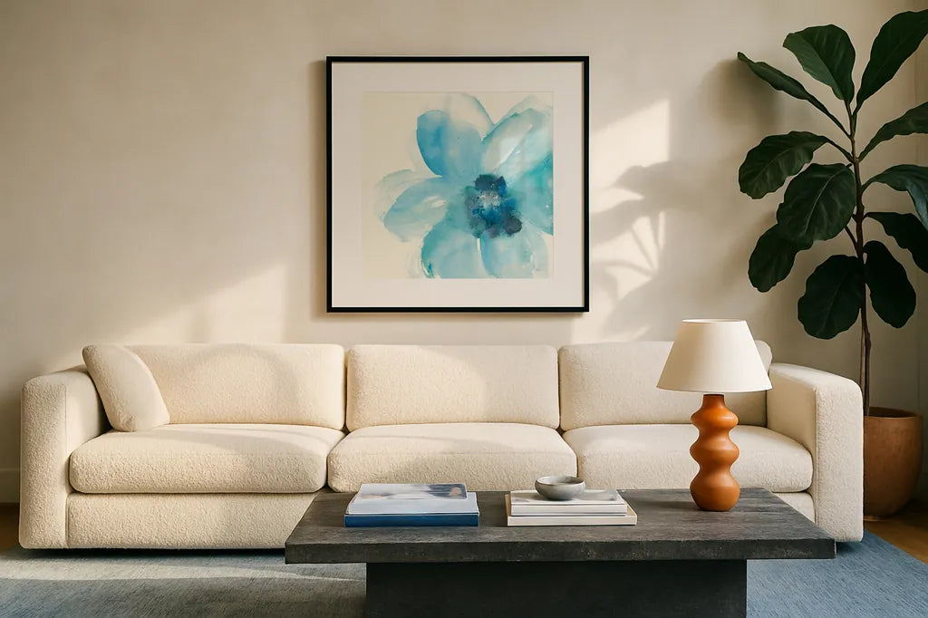 Teal Cosmos II by Chris Paschke. Displayed in a glass frame with matte in a clean modern living room. Available as an archival giclee rolled canvas, fine art paper, or poster print. SKU 34005a.