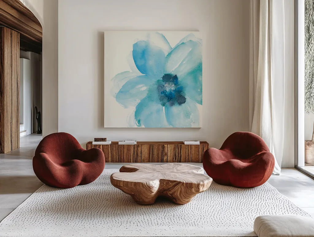 Teal Cosmos II by Chris Paschke. Shown as extra-large giant wall art in a modern living room. Available as an archival giclee rolled canvas, fine art paper, or poster print. SKU 34005a.