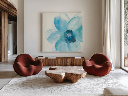 Teal Cosmos II by Chris Paschke. Shown as extra-large giant wall art in a modern living room. Available as an archival giclee rolled canvas, fine art paper, or poster print. SKU 34005a.