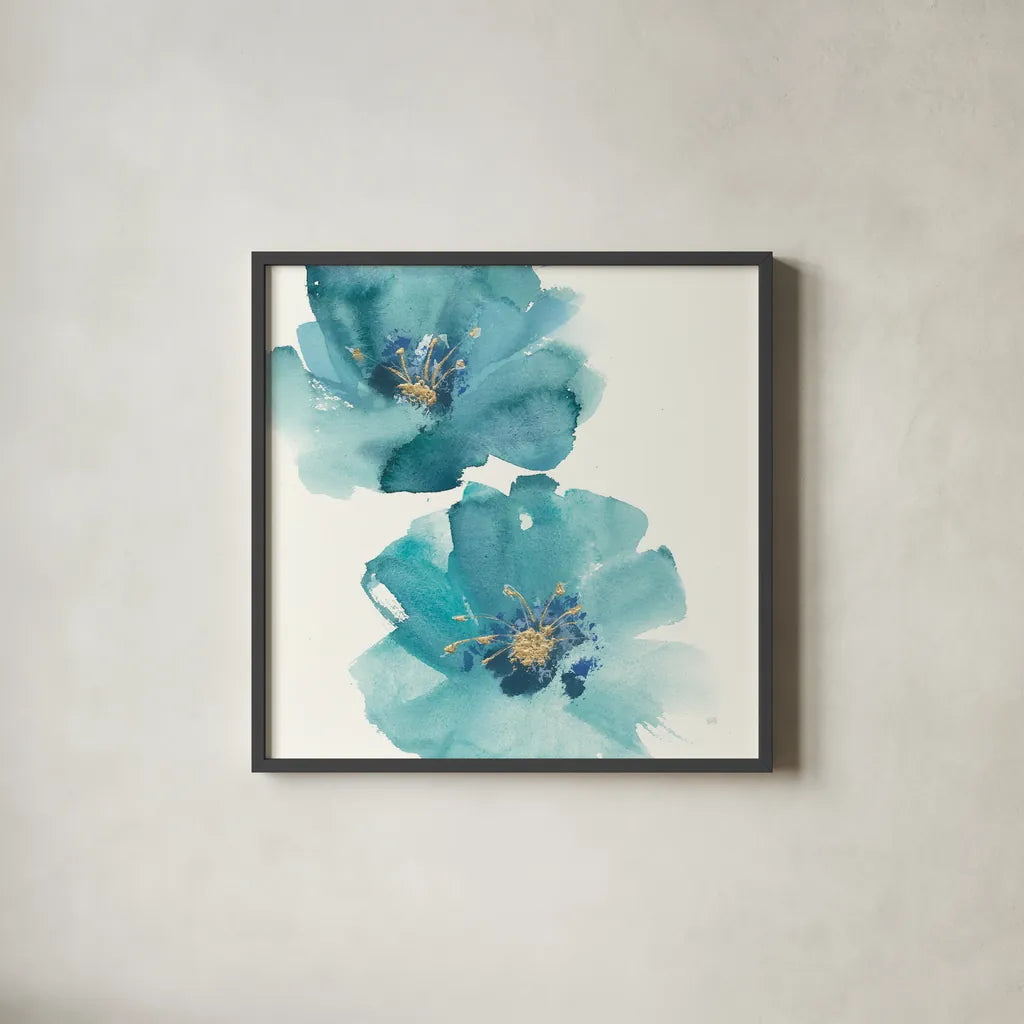Teal Cosmos III by Chris Paschke. Shown in a sleek black glass frame for a contemporary gallery look. Available as an archival giclee rolled canvas, fine art paper, or poster print. SKU 34006a.