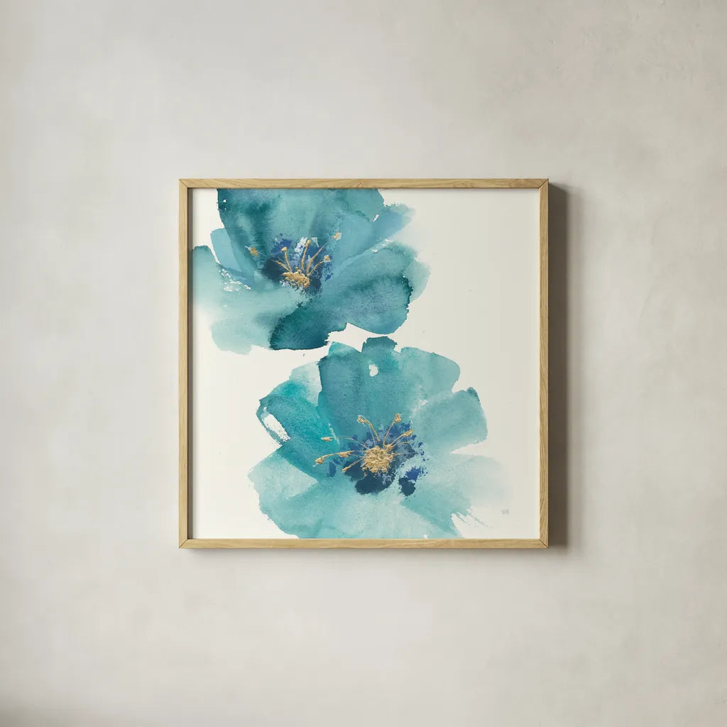 Teal Cosmos III by Chris Paschke. Shown in a natural wood glass frame for a timeless modern aesthetic. Available as an archival giclee rolled canvas, fine art paper, or poster print. SKU 34006a.