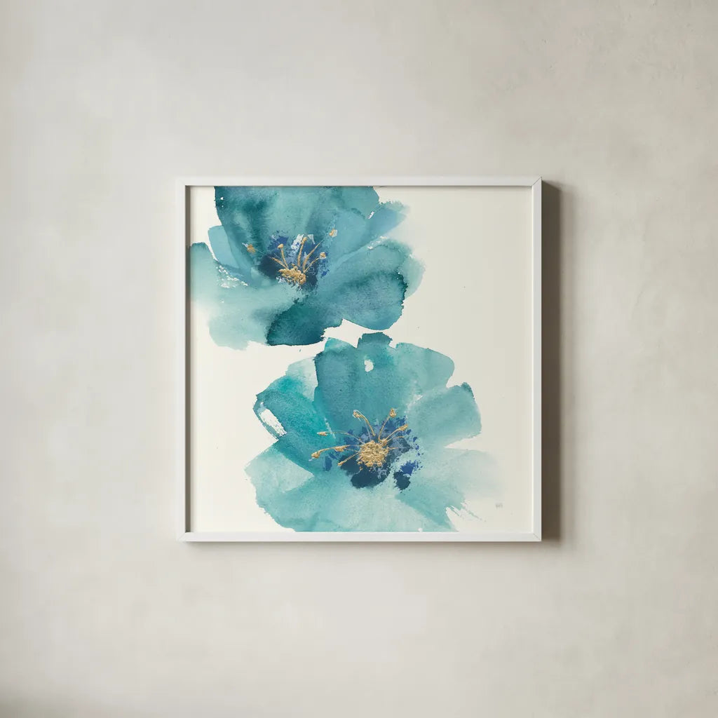 Teal Cosmos III by Chris Paschke. Shown in a crisp white glass frame for a clean and minimalist style. Available as an archival giclee rolled canvas, fine art paper, or poster print. SKU 34006a.