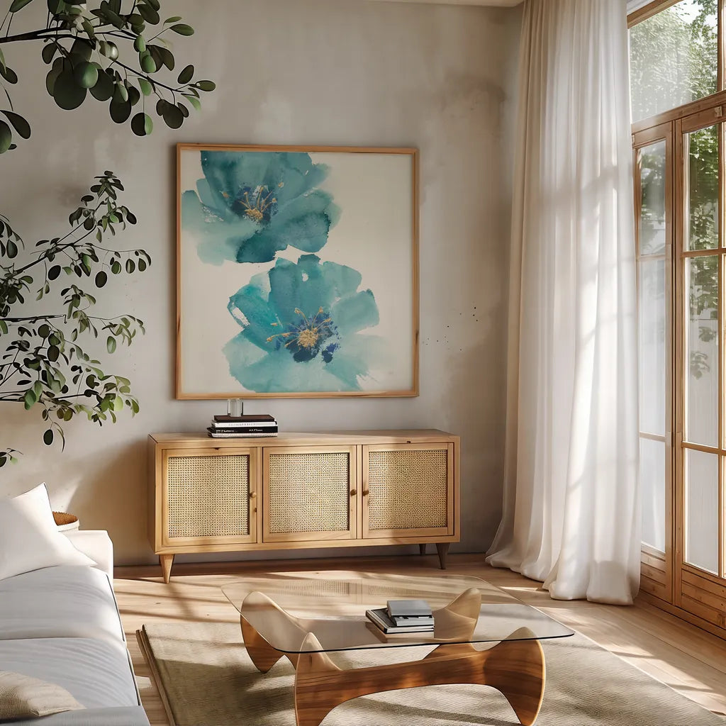 Teal Cosmos III by Chris Paschke. Shown in a natural wood frame in a cozy modern living room. Available as an archival giclee rolled canvas, fine art paper, or poster print. SKU 34006a.