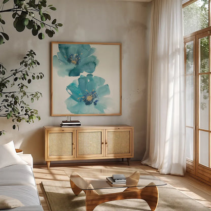 Teal Cosmos III by Chris Paschke. Shown in a natural wood frame in a cozy modern living room. Available as an archival giclee rolled canvas, fine art paper, or poster print. SKU 34006a.